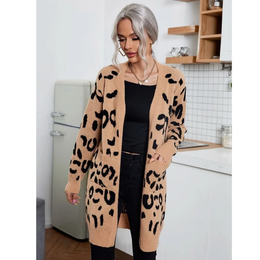 Cheetah Print Camel Tan Open Cardigan Thigh Length Long Sleeve - Picture 4 of 7